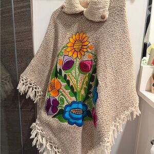 Beige Fringed Poncho with Colorful Flower Embroidery